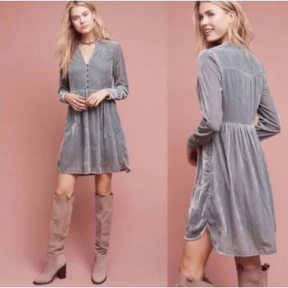 ANTHROPOLOGIE x HOLDING HORSES Velvet Shirt Dress Dusty Blue Gray Sz XL {3Y47} - Picture 1 of 6